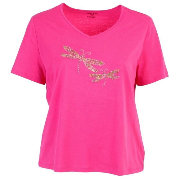 Coral Bay NWT 1X hot pink butterfly jeweled v neck tee - Picture 1 of 7